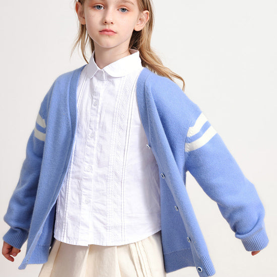 COMOBOCA BLUE 100% Wool Kids' V-Neck Cardigan