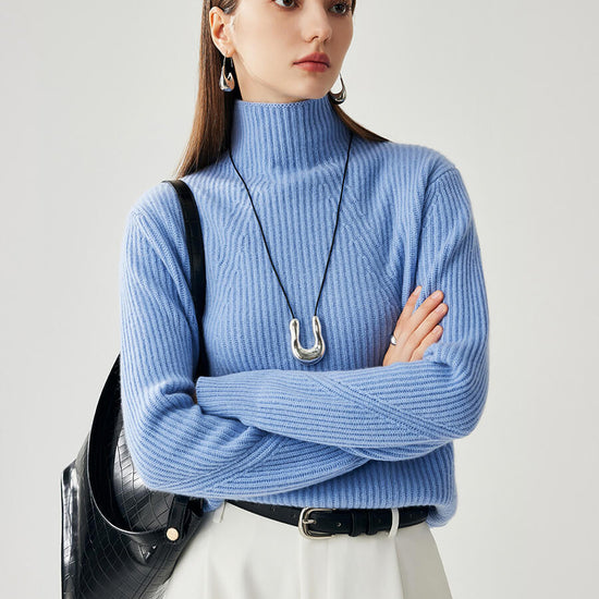 COMOBOCA Light Blue 100% Cashmere Women's Turtleneck Ribbed Sweater
