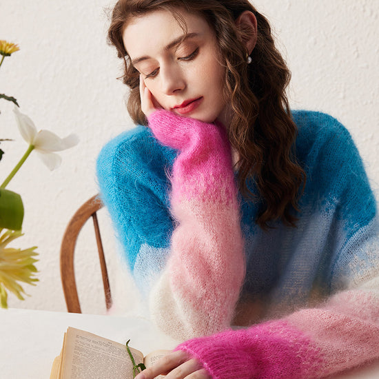 COMOBOCA Women's Mohair Gradient Color Block Fluffy Knit Sweater