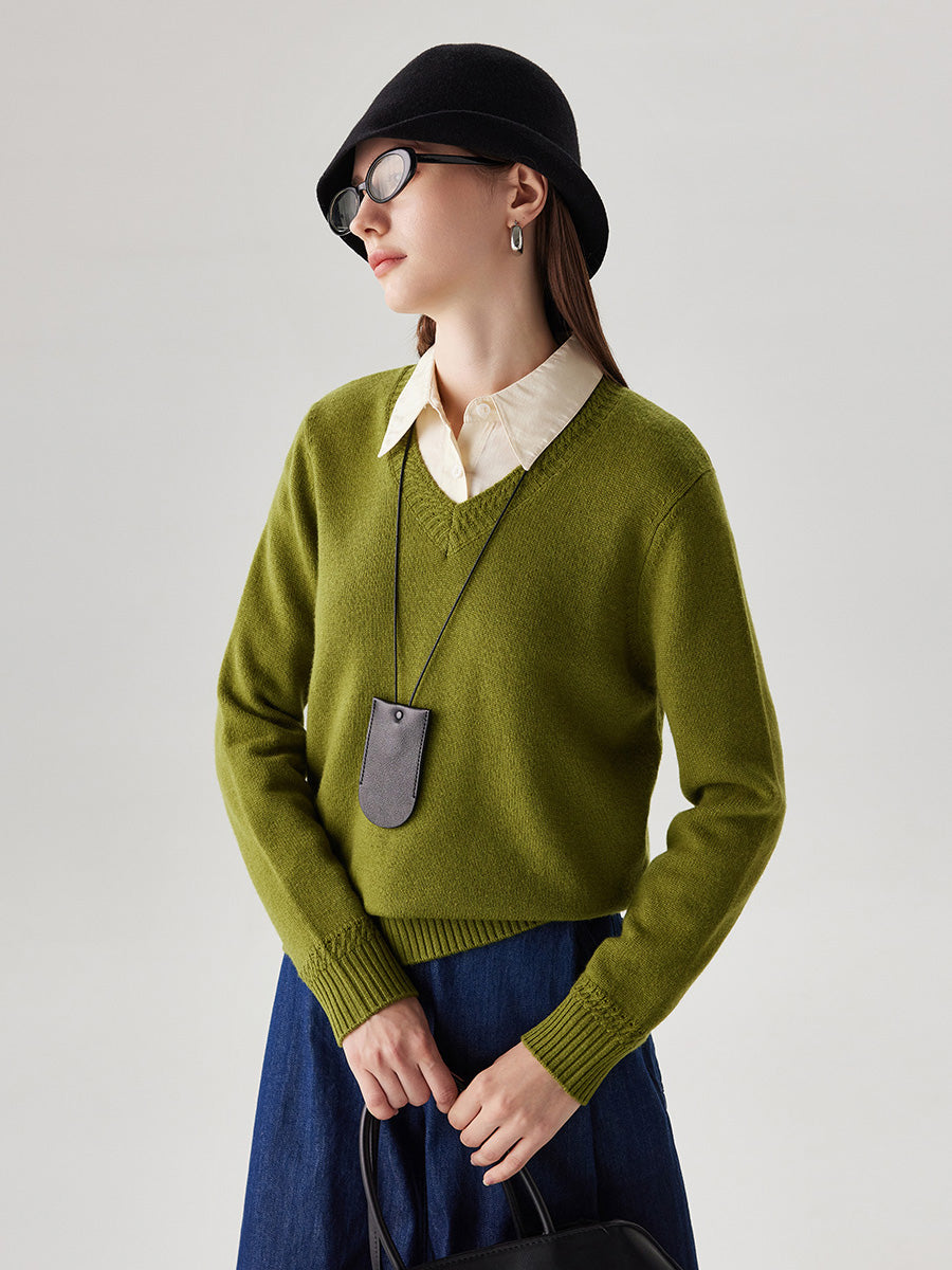 COMOBOCA 100% Wool Women's V-Neck Ribbed Knit Sweater