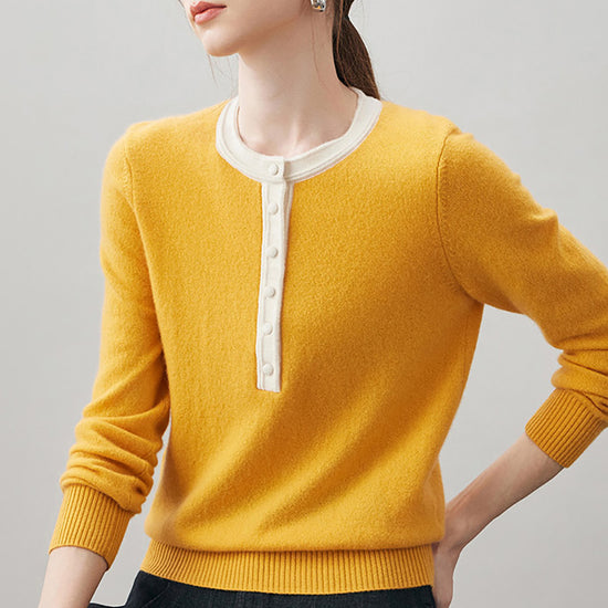 COMOBOCA L Yellow 100% Cashmere Women's Contrast Trim Button Front Sweater