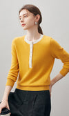 COMOBOCA L Yellow 100% Cashmere Women's Contrast Trim Button Front Sweater