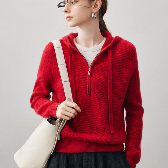 COMOBOCA Red 100% Cashmere Women's Half Zip Hoodie