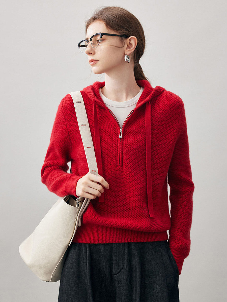 COMOBOCA Red 100% Cashmere Women's Half Zip Hoodie