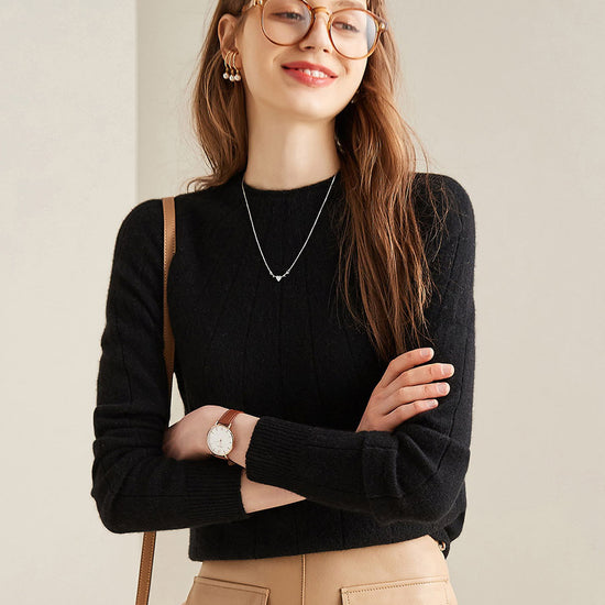 COMOBOCA Black 100% Cashmere Women's Ribbed Knit Pullover Sweater