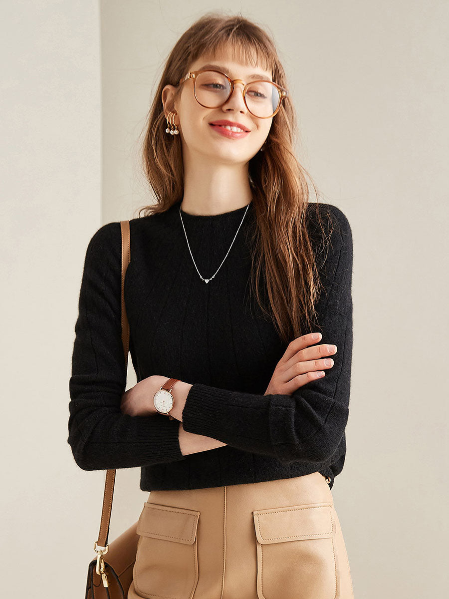 COMOBOCA Black 100% Cashmere Women's Ribbed Knit Pullover Sweater