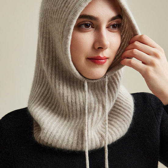 COMOBOCA Light Gray 100% Cashmere Women's Ribbed Cozy Reversible Knit Hood