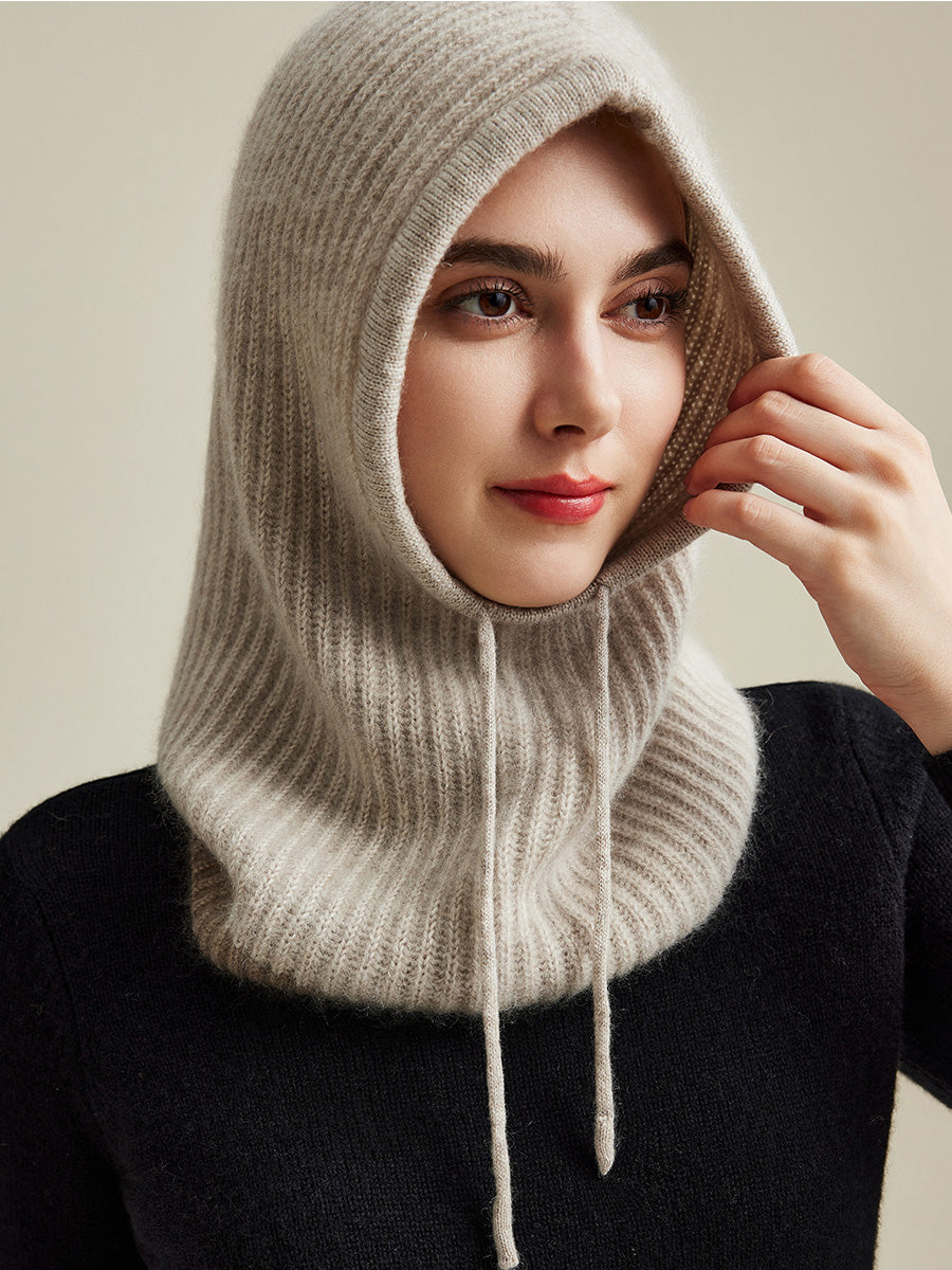 COMOBOCA Light Gray 100% Cashmere Women's Ribbed Cozy Reversible Knit Hood