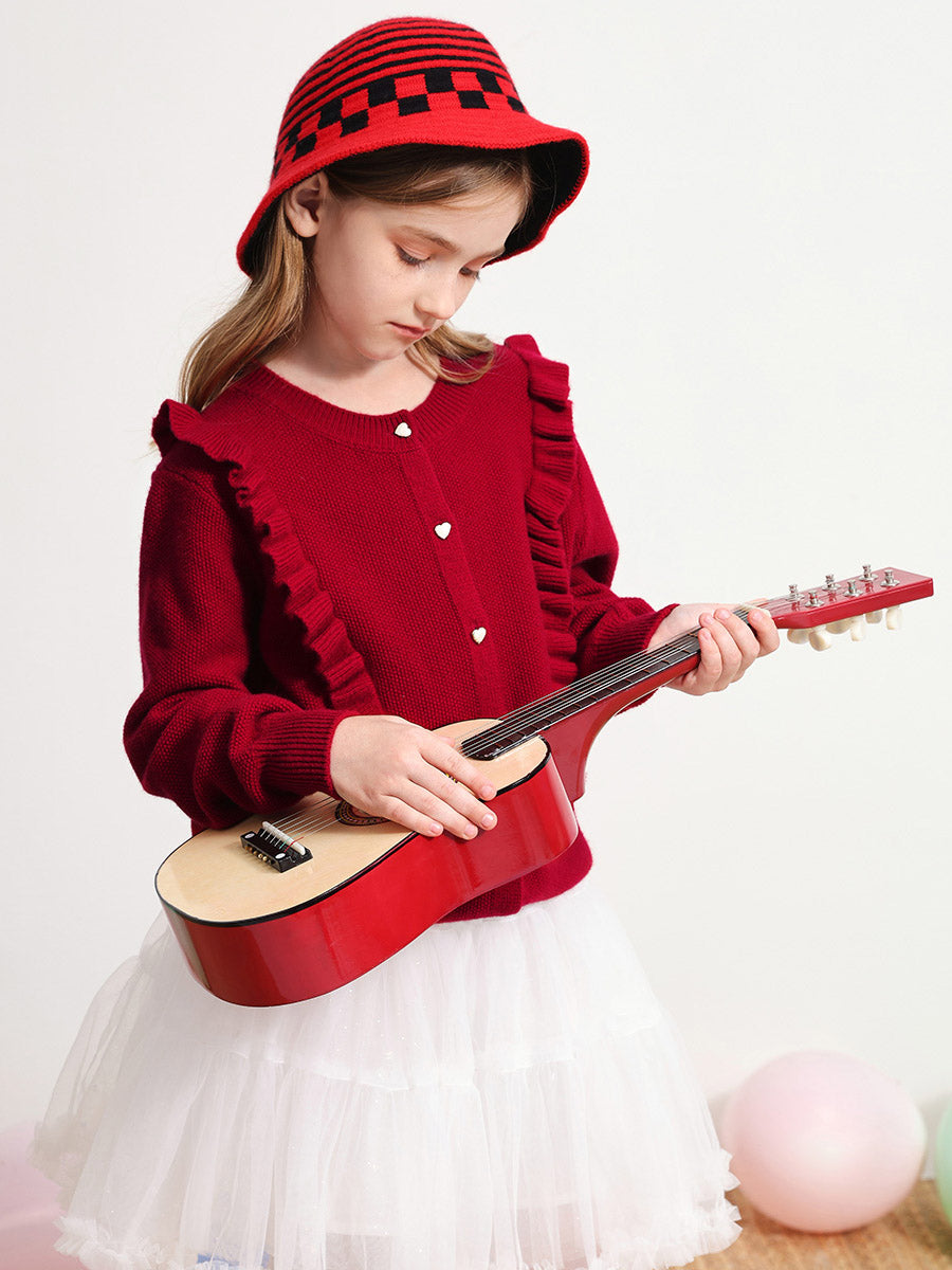 COMOBOCA 100% Wool Kids' Round Neck Heart Button Cardigan