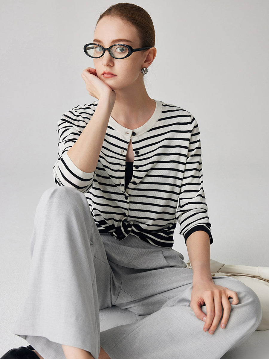 COMOBOCA Women's Striped Button-Up Cardigan