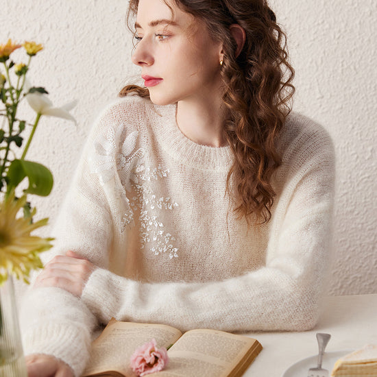 COMOBOCA Women's Mohair Embroidered Floral Sweater