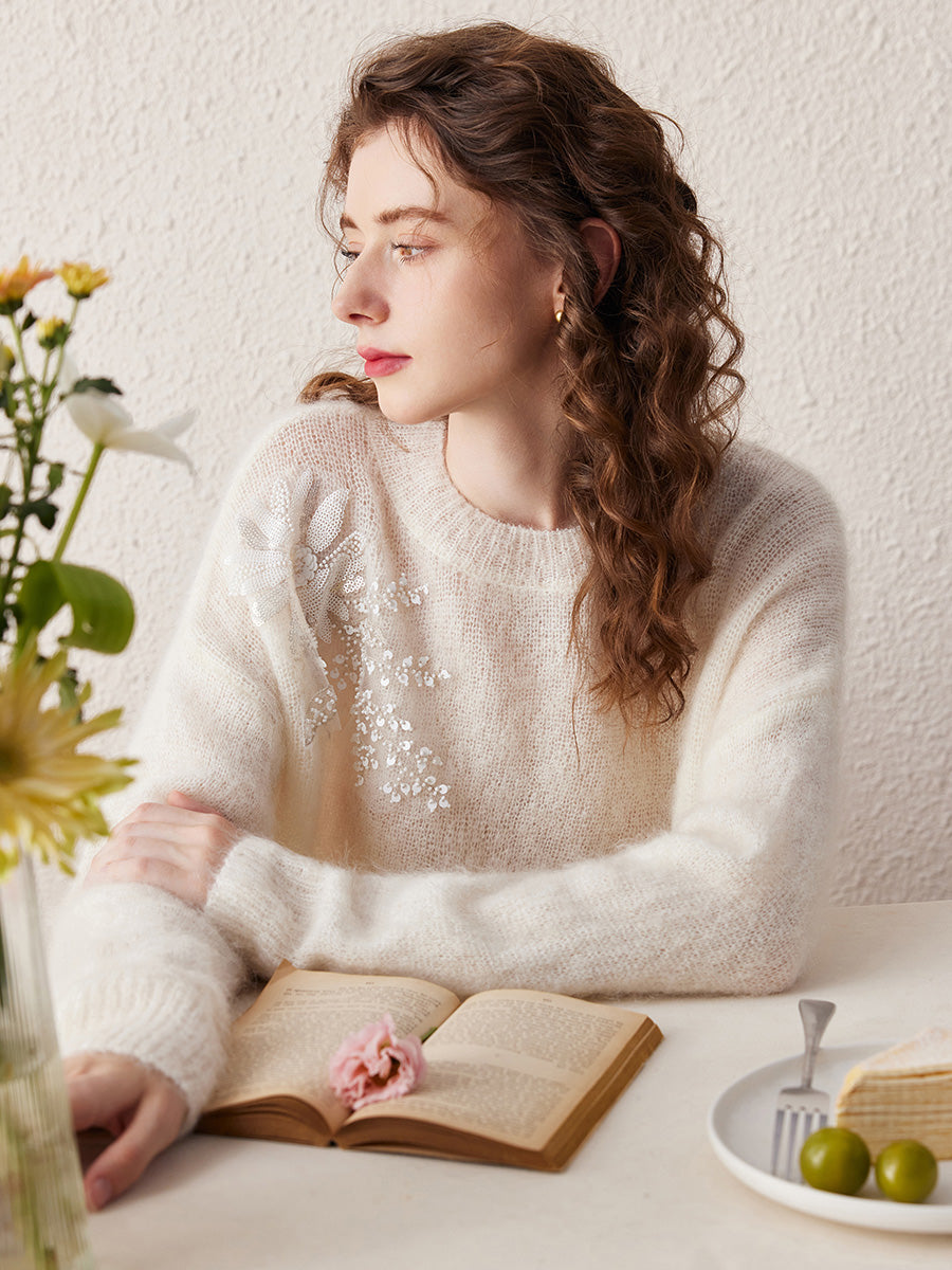 COMOBOCA Women's Mohair Embroidered Floral Sweater