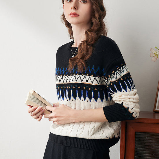 COMOBOCA 100% Wool Women's Nordic Pattern Cable Knit Sweater