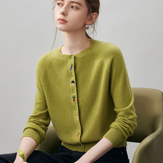 COMOBOCA 100% Cashmere Women's Embroidered Button-Front Cardigan