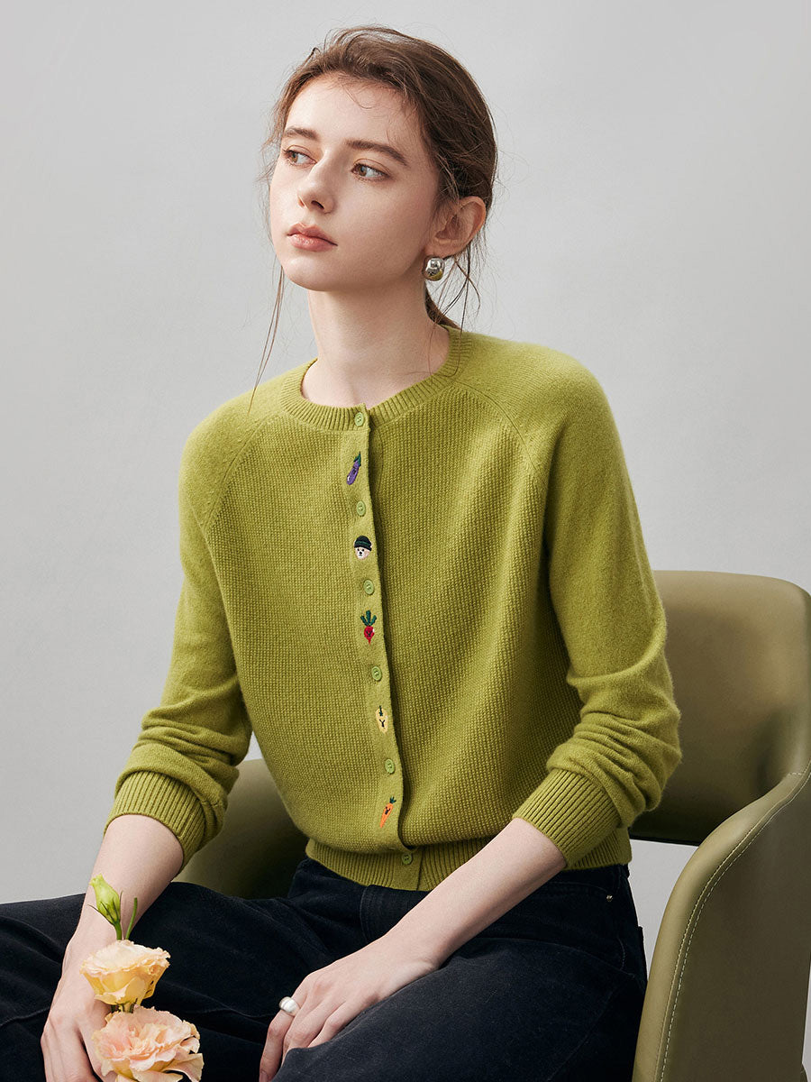 COMOBOCA 100% Cashmere Women's Embroidered Button-Front Cardigan