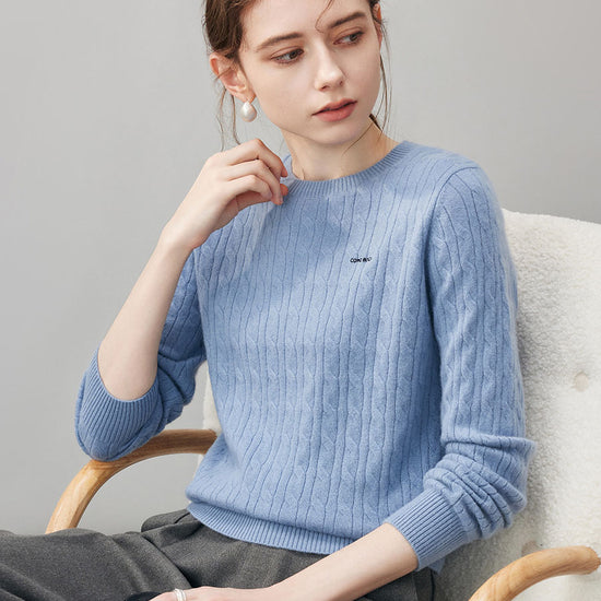 COMOBOCA 100% Cashmere Women's Cable Round Neck Knit Sweater