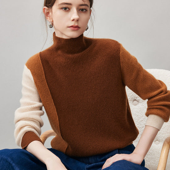 COMOBOCA 100% Cashmere Women's Color Block Turtleneck Sweater