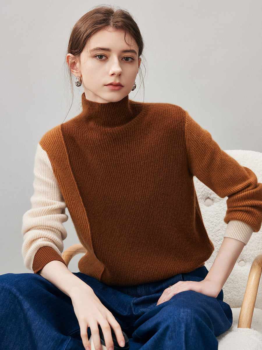 COMOBOCA 100% Cashmere Women's Color Block Turtleneck Sweater