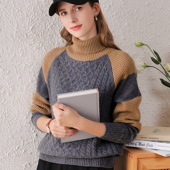 COMOBOCA 100% Cashmere Women's Cable Knit Color Block Sweater