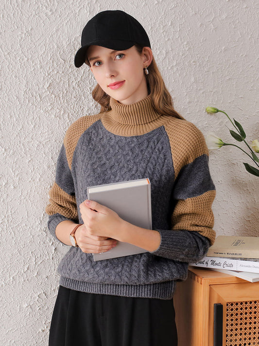 COMOBOCA 100% Cashmere Women's Cable Knit Color Block Sweater