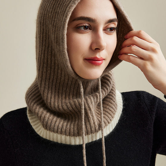 COMOBOCA Camel 100% Cashmere Women's Ribbed Cozy Reversible Knit Hood