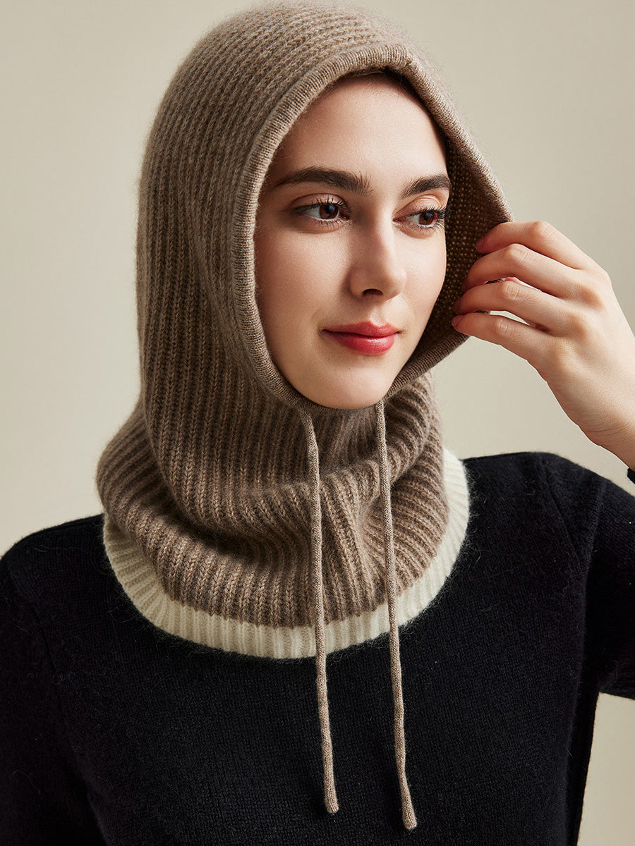 COMOBOCA Camel 100% Cashmere Women's Ribbed Cozy Reversible Knit Hood