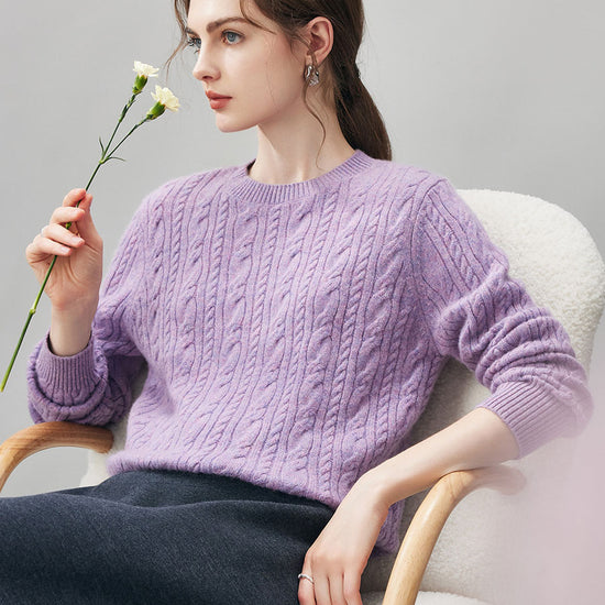 COMOBOCA 100% Cashmere Women's Cable Round Neck Knit Sweater