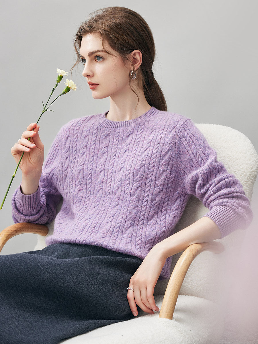 COMOBOCA 100% Cashmere Women's Cable Round Neck Knit Sweater