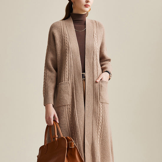 COMOBOCA Camel 100% Wool Women's Cardigan Long Knit Coats with Pockets