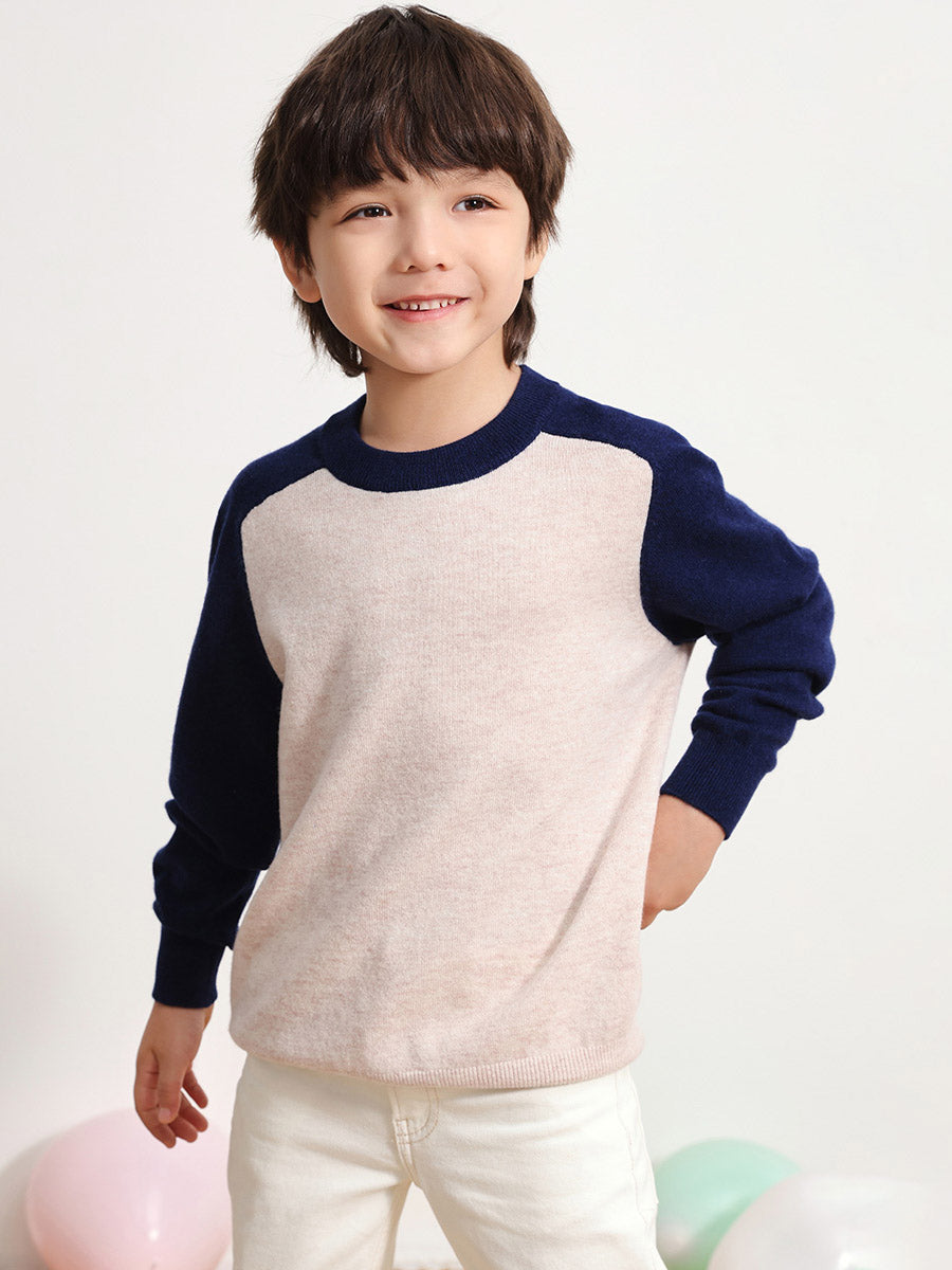 COMOBOCA NAVY BLUE 100% Wool Kids' Round Neck Color Block Sweater
