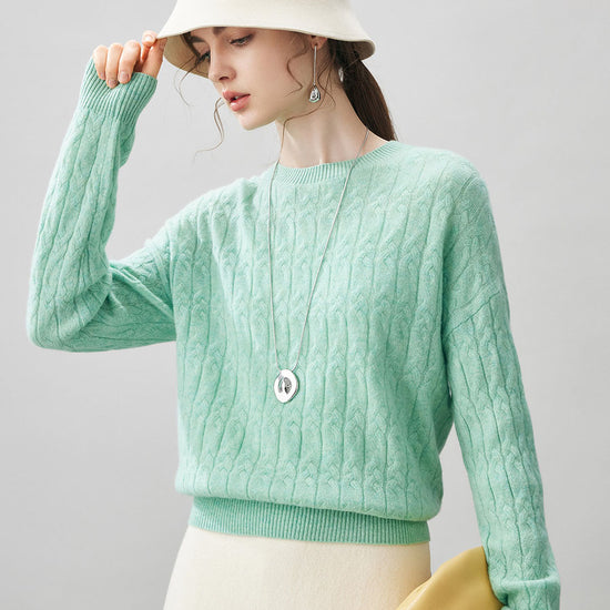COMOBOCA Bright Green 100% Cashmere Women's Cable Knit Sweater