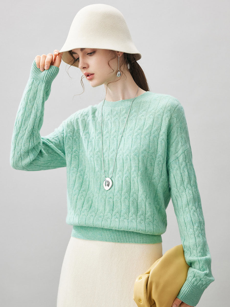 COMOBOCA Bright Green 100% Cashmere Women's Cable Knit Sweater