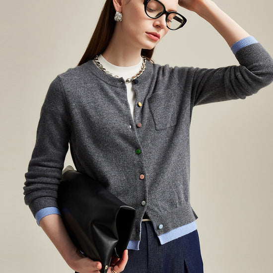 COMOBOCA Gray 100% Cashmere Women's Contrast-Trim Pocket Cardigan