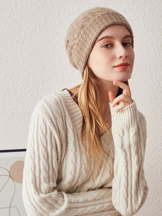 COMOBOCA Beige 100% Cashmere Stylish Cable Knit Beanie