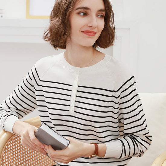 COMOBOCA Women's Striped Henley T-Shirt Sweater