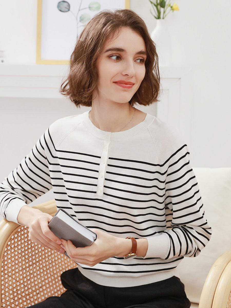 COMOBOCA Women's Striped Henley T-Shirt Sweater