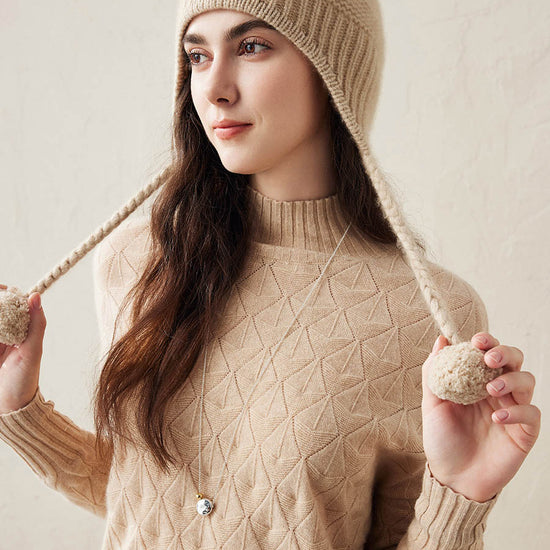 COMOBOCA 100% Cashmere Women's Ear Flap Beanie with Pom-Poms