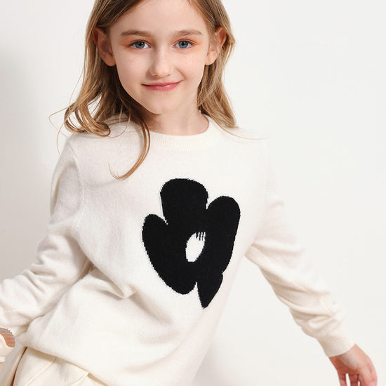 COMOBOCA WHITE 100% Wool Kids' Intarsia Round Neck Knit Sweater
