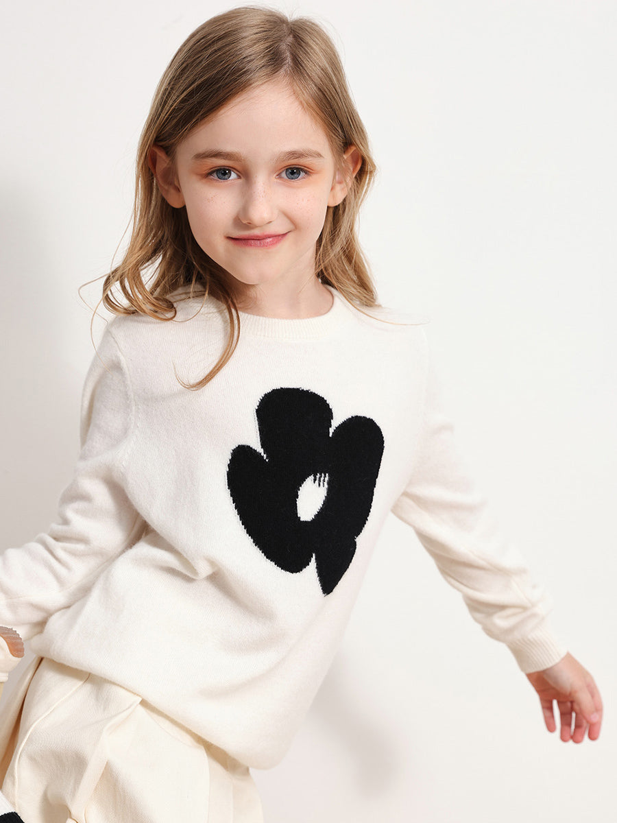 COMOBOCA WHITE 100% Wool Kids' Intarsia Round Neck Knit Sweater