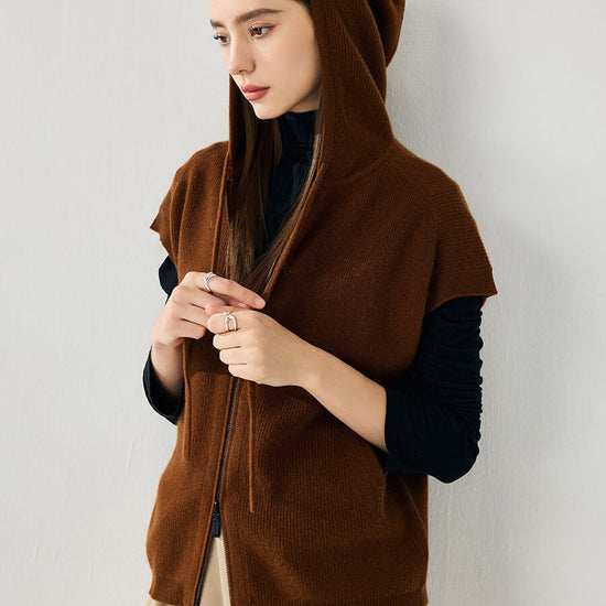 COMOBOCA 100% Cashmere Women's Hooded Double-Head Zipper Vest