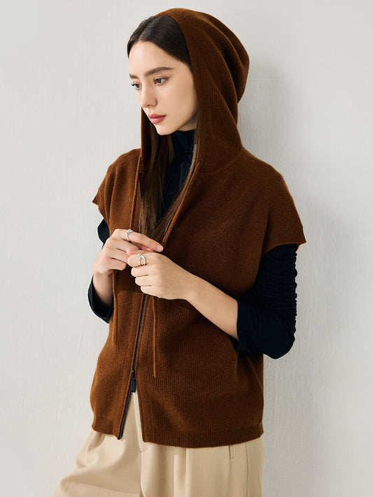 COMOBOCA 100% Cashmere Women's Hooded Double-Head Zipper Vest