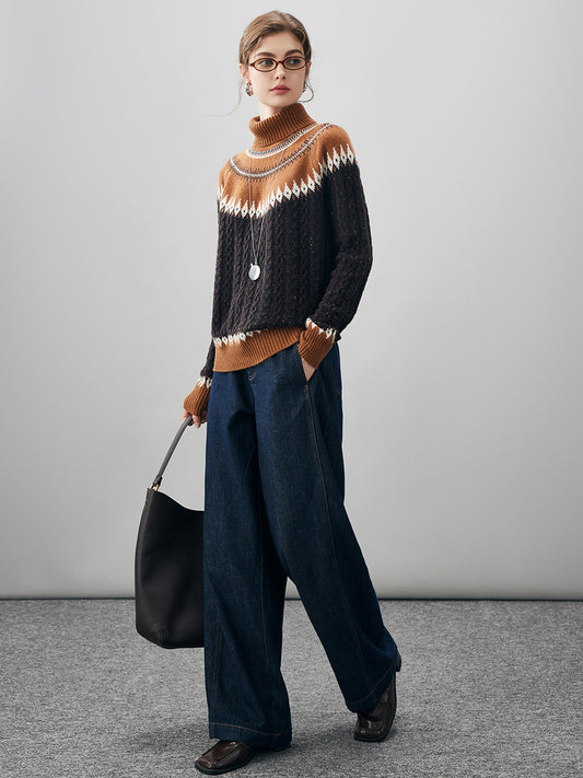 COMOBOCA 100% Cashmere Women's Cable Fair Isle Turtleneck Sweater