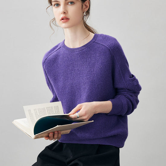 COMOBOCA 100% Cashmere Women's Ribbed Round Neck Sweater