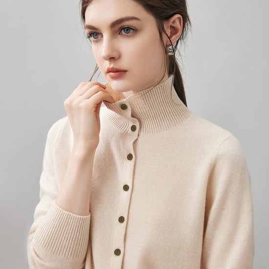 COMOBOCA 100% Cashmere Women's Turtleneck Button Front Knit Cardigan