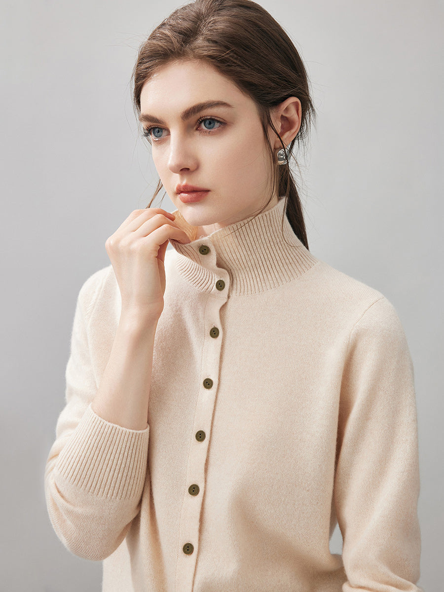 COMOBOCA 100% Cashmere Women's Turtleneck Button Front Knit Cardigan