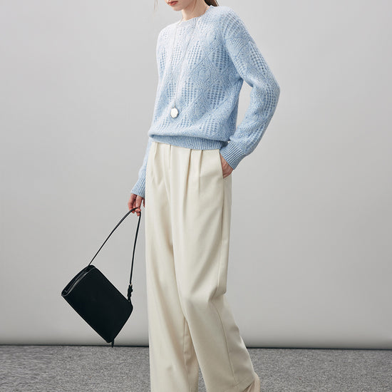 COMOBOCA 100% Cashmere Women's Openwork Knit Round Neck Sweater