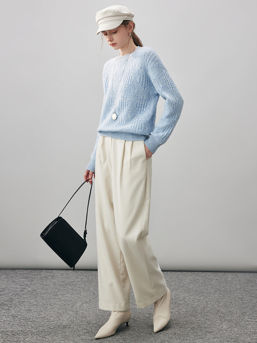 COMOBOCA 100% Cashmere Women's Openwork Knit Round Neck Sweater