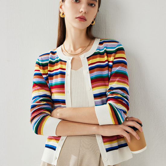 COMOBOCA Women's Ribbed Rainbow Striped Knit Cardigan