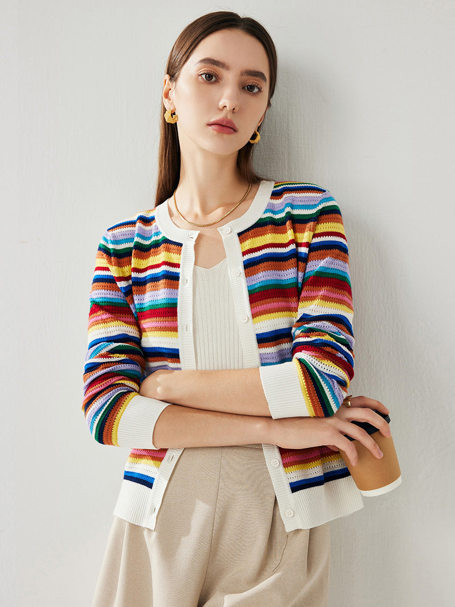 COMOBOCA Women's Ribbed Rainbow Striped Knit Cardigan