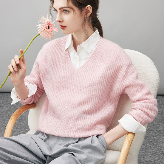 COMOBOCA 100% Cashmere Women's Ribbed V-Neck Knit Sweater